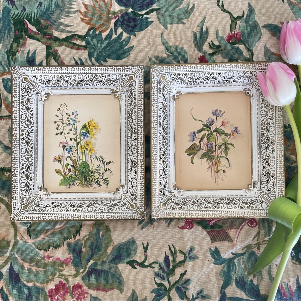Set of Floral Paintings in Metal Frame